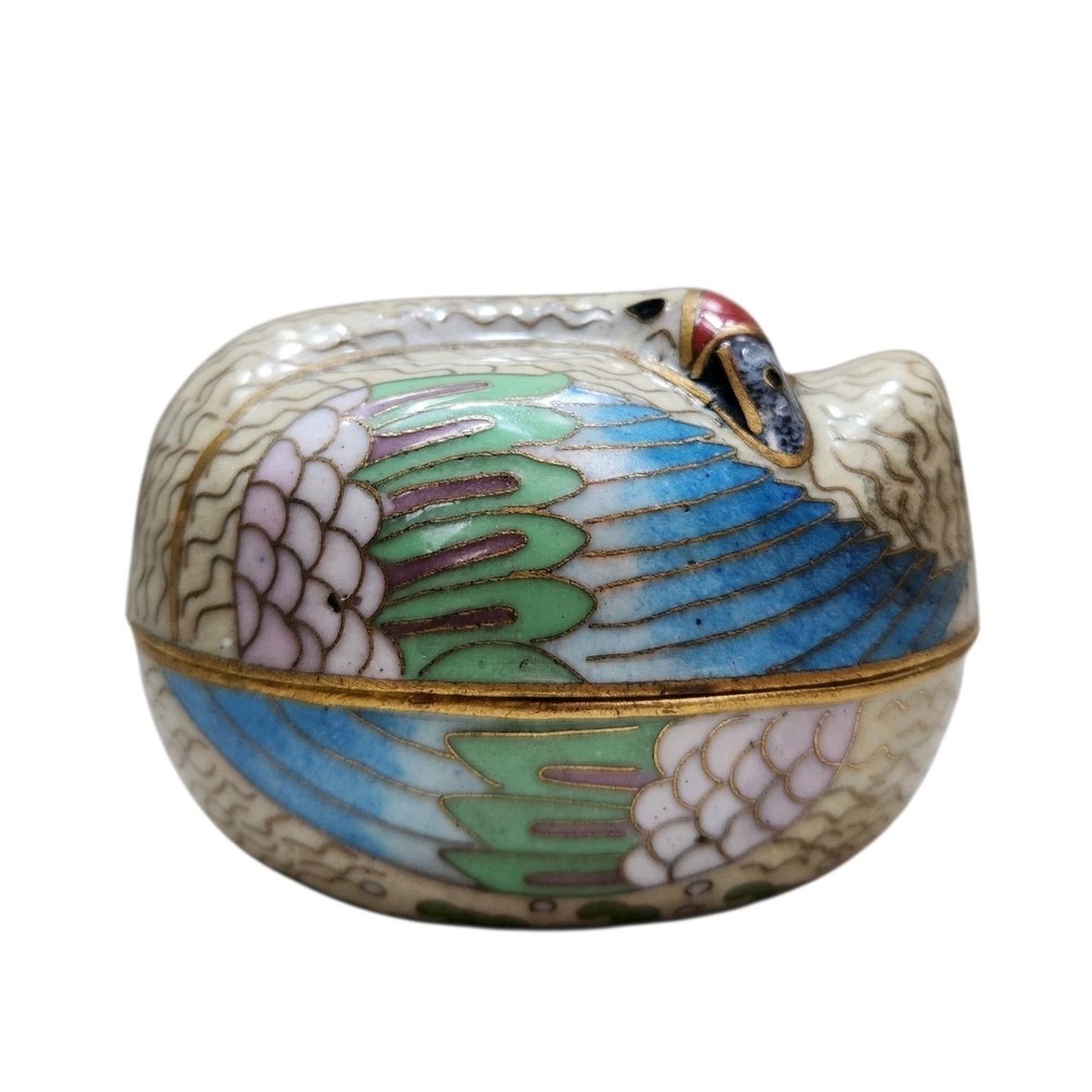 Vintage Chinese Cloisonne Enamel Brass Bird Trinket Box Figural 2-piece Keepsake